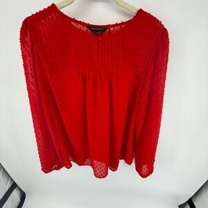 Banana Republic Red Clip Dot Pintuck‎ Long Sleeve Blouse Medium